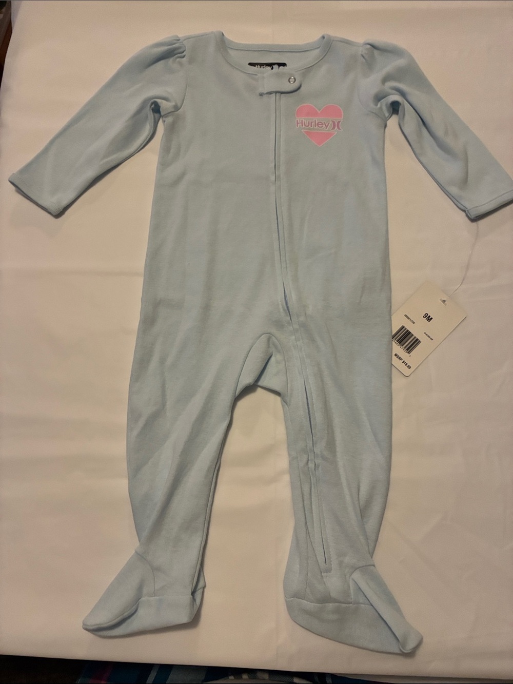 Hurley Pale Blue Footed One-Piece with Pink Heart Logo